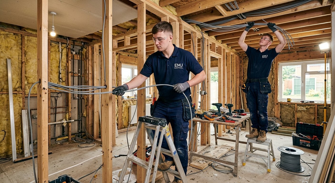 Engineers running new cables during a house rewire