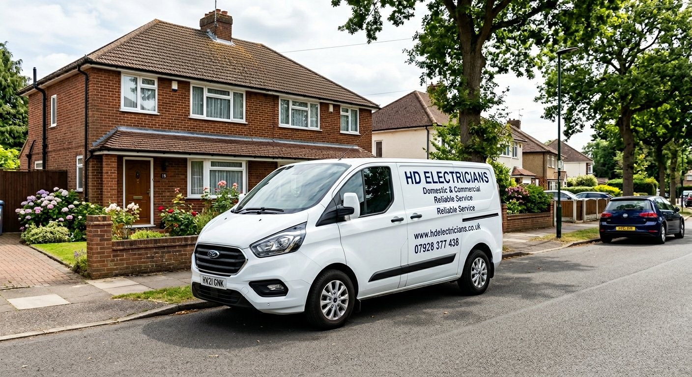 HD Electricians branded van parked outside a customers' home