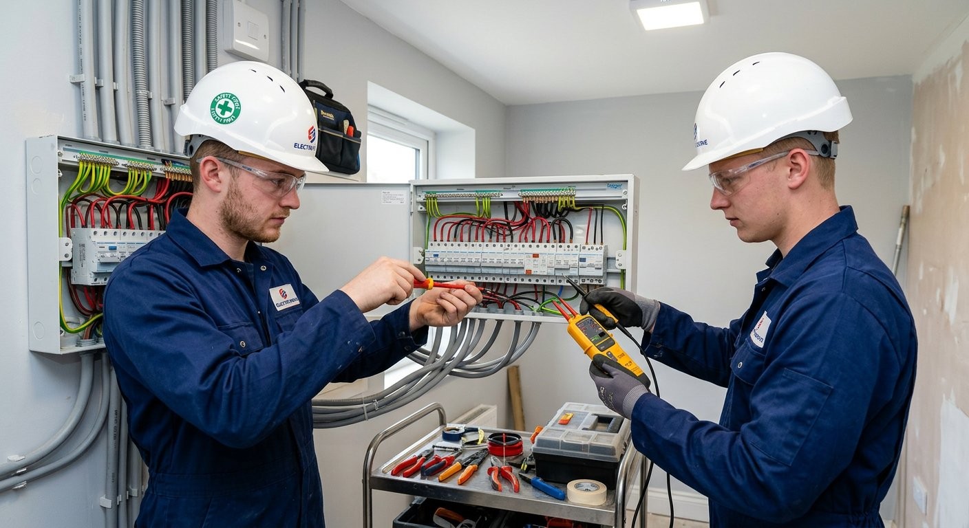 Two HD Electricians engineers testing consumer units
